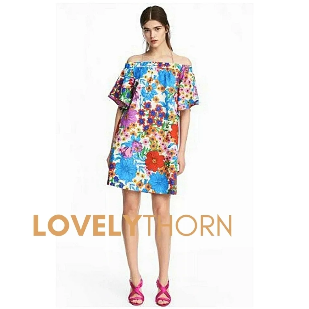 H&M // retro floral printed off-the-shoulder mini dress with pockets - Picture 11 of 12